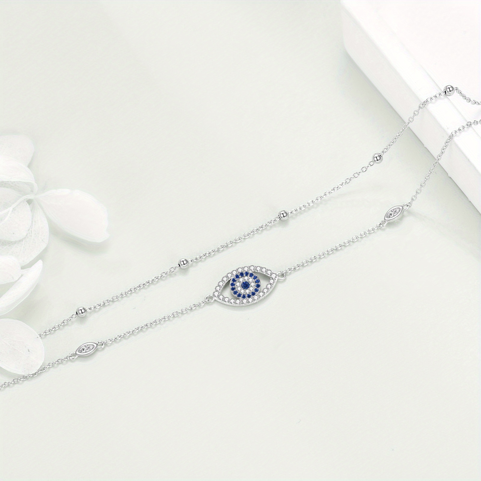 Double Layer Evil Eye Anklet Sterling Silver Adjustable Protection Amulet