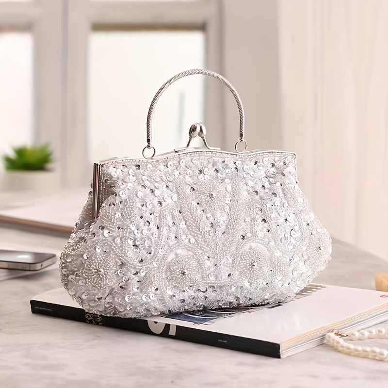 Vintage Beaded Sequin Evening Bag, Portable Handle Exquisite Clasp Clutch  Handbag, Detachable Chain Strap Elegant Shoulder Bag - Temu