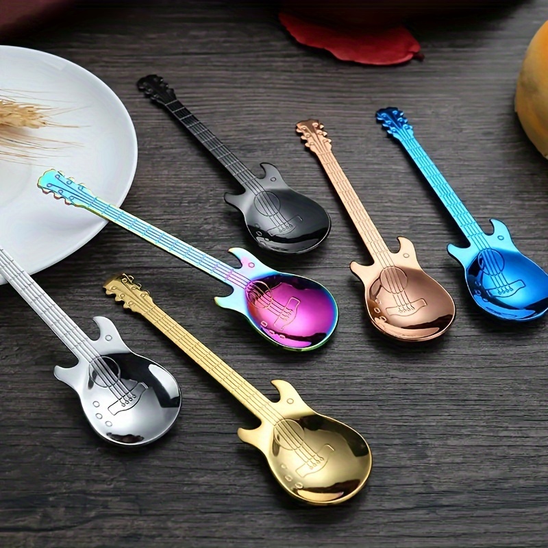 7 pcs Guitar Spoons Coffee Teaspoon Set, Stainless Steel Colorful Dessert  Spoon, Cute Demitasse Tea Scoop for Stirring Drink Mixing Milkshake Jam  (Rainbow) 