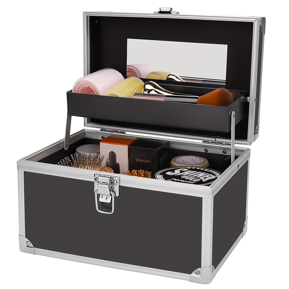 Professional Makeup Artist 2 in 1 Rolling Makeup Train Case Cosmetic Organizer Soft Trolley w/ Storage Drawers & Metal Buckles Faux Leather Finish