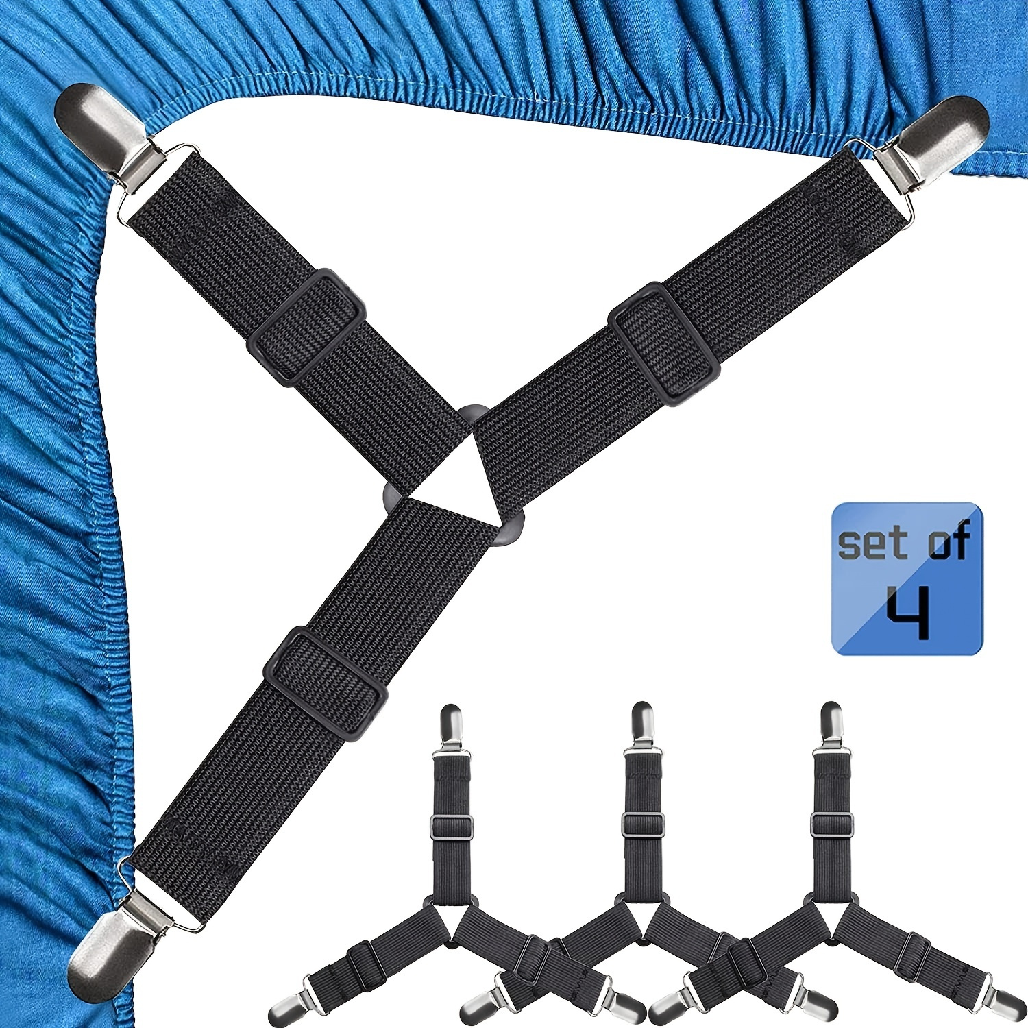Bed Sheet Fasteners - Adjustable Elastic Bed Sheet Holder Straps for  Full,Queen,King Twin Bed, 6 Way Cross Sheet Clips Suspenders Band,Fitted  Round and Square Mattresses(Black) 