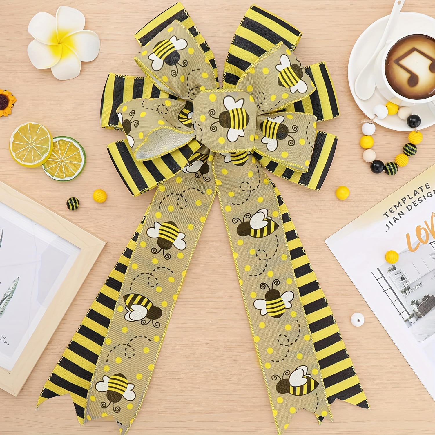 Bee Ribbon Bee Wired Edge Ribbons, Bumble Honey Bee Gnome Dot Yellow Wreath  Ribbon Summer Teachers' Day Easter Sewing DIY Craft Bee Fabric Burlap