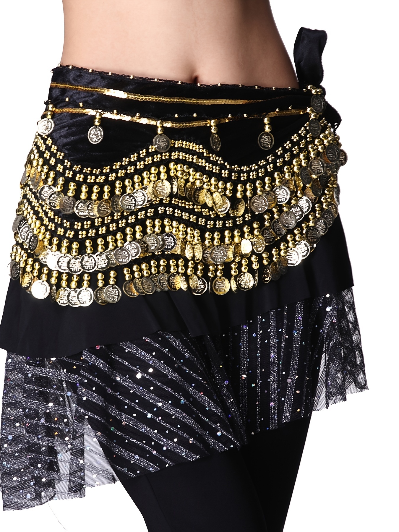 Pañuelo cruzado de cadera para danza del vientre para mujer, accesorios con  monedas doradas onduladas