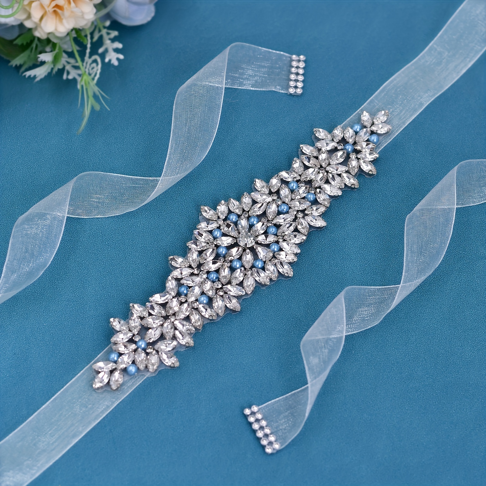 Handmade Bridal Belt Wedding Belts Sashes Crystal Belt Rhinestone Belt with White Organza Ribbon for Bridal Gowns, Pageant Dresses,Temu