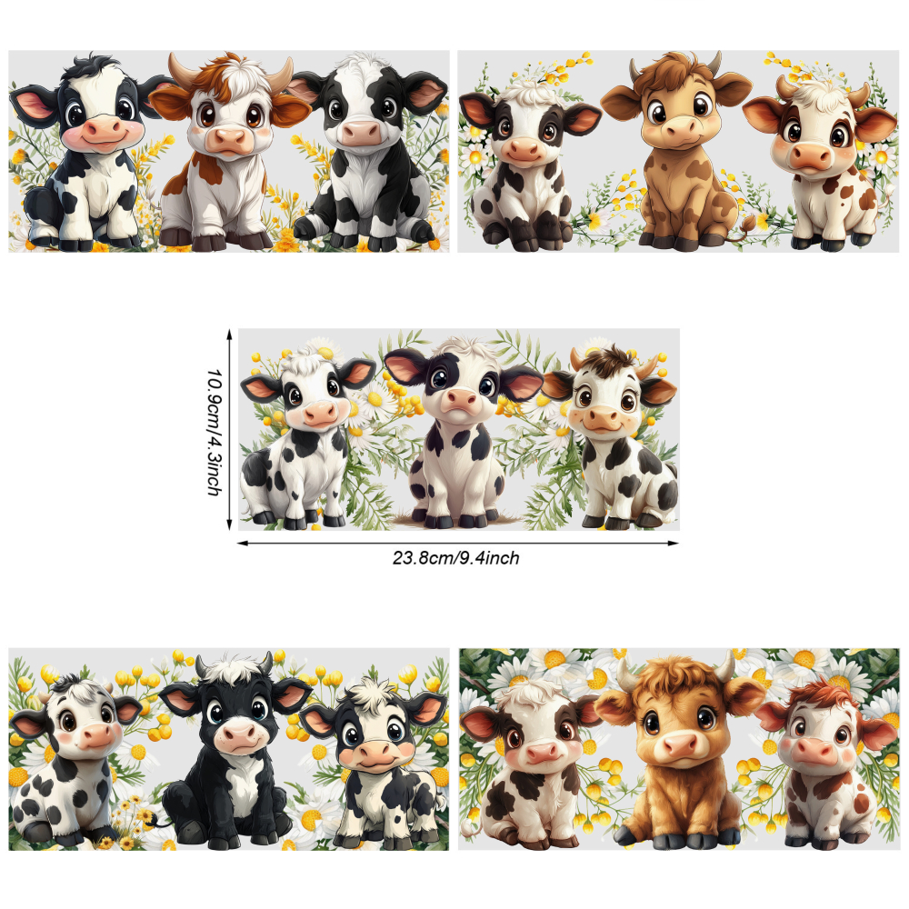 Image of 5 Sheets Cute Cow Uv Dtf Transfer Stickers Compatible For Diy - High Quality -on Iron-on Decals With 3d Cow Patterns, Glossy Plastic Sheets For Glass Cups, Bottles, Party Favors, Crafts (multicolor)