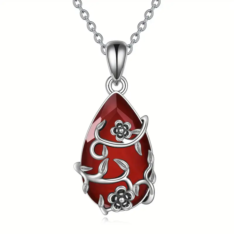 vintage flower necklace s925 sterling silvery red agate pendant artificial crystal restoration fine jewelry Product details 4