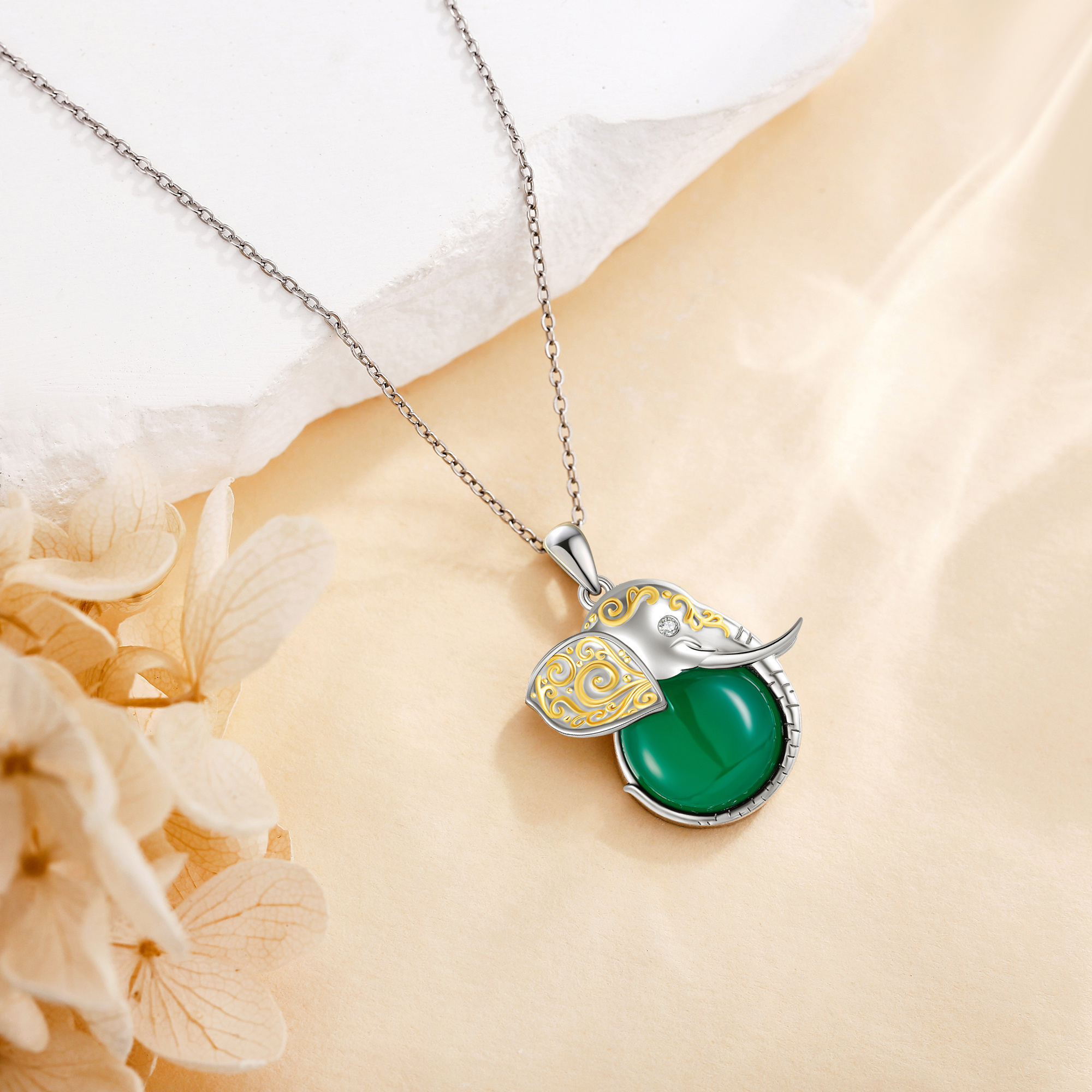YAFEINI Vintage Green Elephant Pendant Necklace, 925 Silver