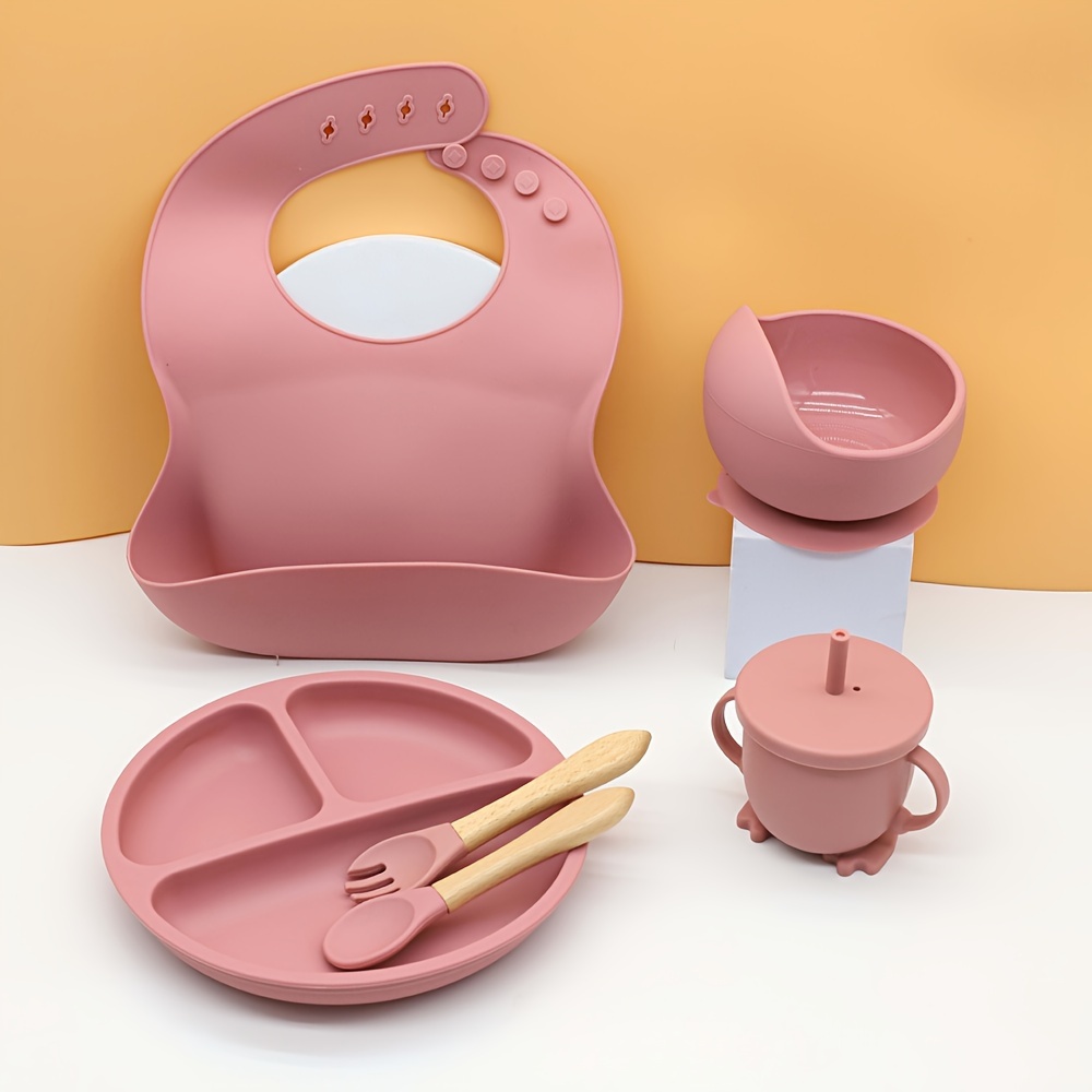 OEC-T5 Baby Led Weaning Supplie，Silicone Baby Feeding Set with Suction  Plate and Bowl，Toddler Self Feeding Essentials with Spoons Forks Bib Sippy