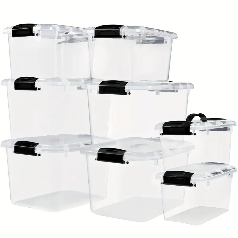 Plastic Storage Bins With Lid And Buckles, Clear Stackable