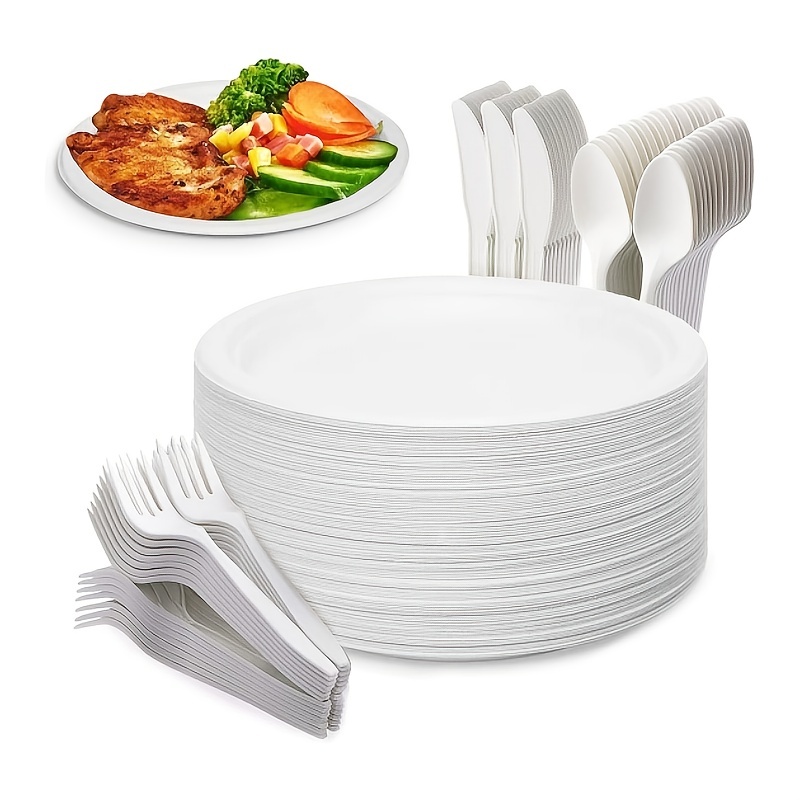 Heavy Duty Paper Plates Set for Dinner, Sugarcane Disposable Eco,9 Inch and  7 Inch Party Plates,Forks,Knives and Spoons Set for 50 People [250 PCS]