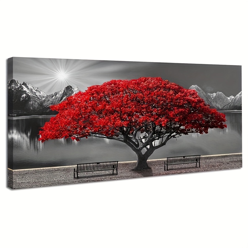 Pintura al óleo pintada a mano en blanco y negro paisaje lienzo arte de  pared con árbol rojo para sala de estar
