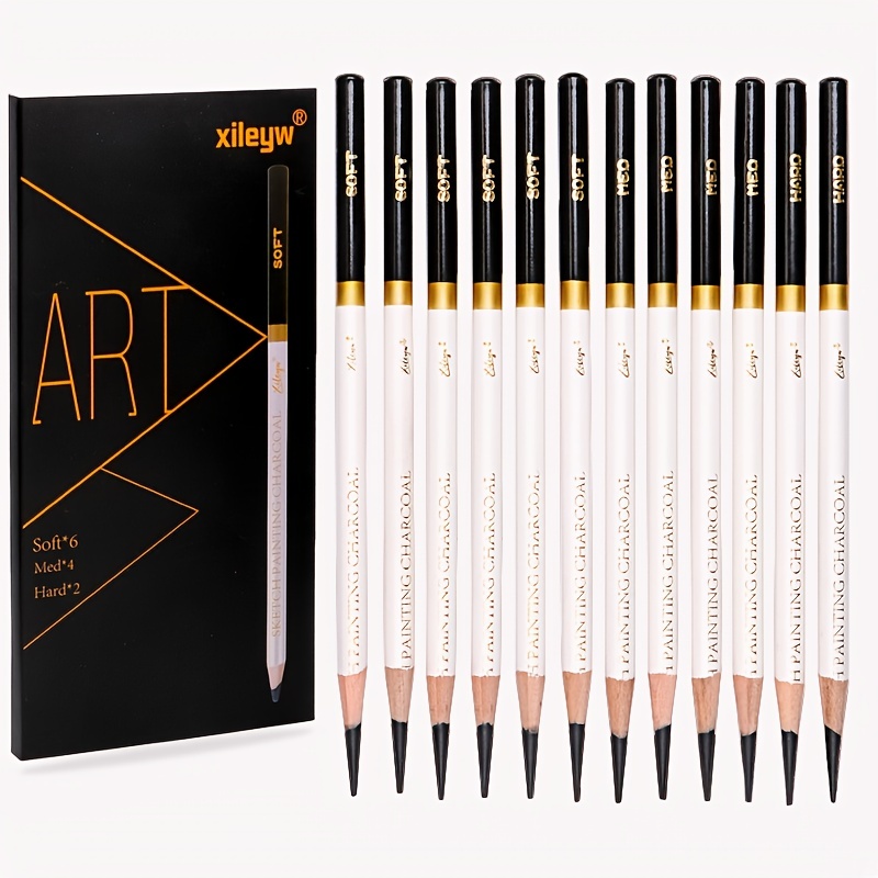 Definite Art Natural Soft Dark Charcoal Pencil + Eraser  Pencils + Paper Art Blending Stumps for Charcoal, Graphite Sketching  Portrait (Pack of 3 Charcoal Pencils, 3 Eraser Pencils & 6