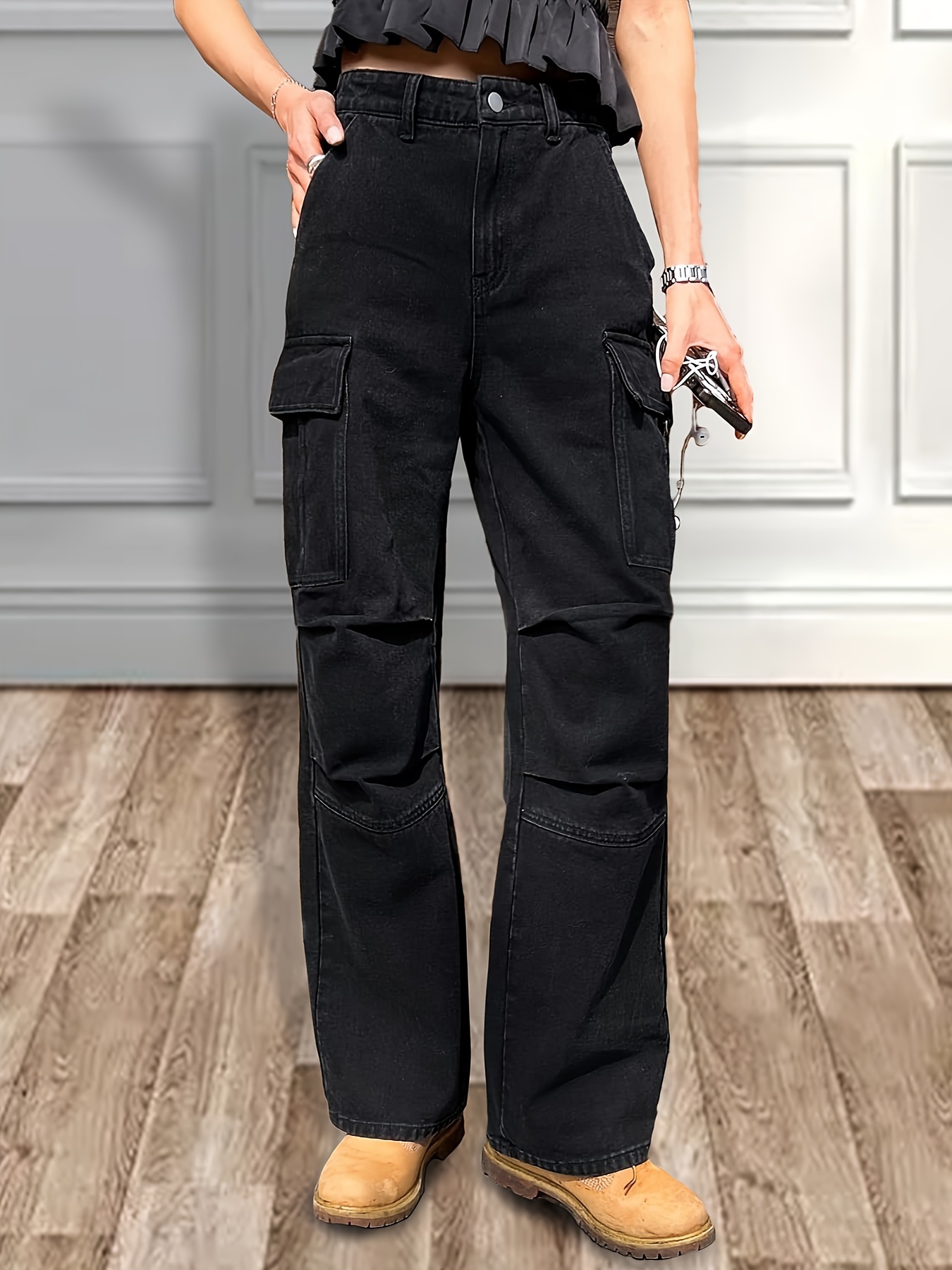 High Waist Casual Straight Jeans, Flap Pockets Street Style Cargo Pants,  Women's Denim Jeans & Clothing