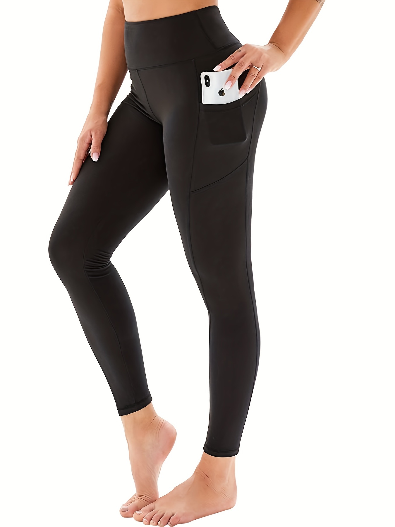 Slim & Sweat-Proof: Women's Black Side Striped Mesh Pocket Yoga Leggings -  High Waist Activewear