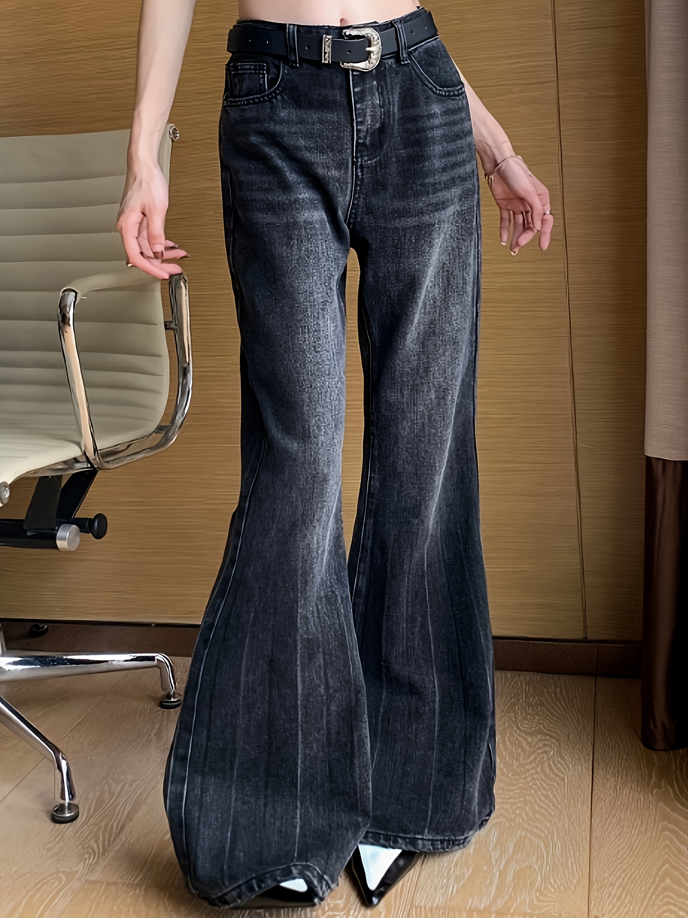 Jeans Acampanados De Cintura Alta Con Agujeros Rasgados, Pantalones De  Mezclilla Desgastados Con Ribete Crudo Y Piernas Anchas Con Forma De Parte  Infe