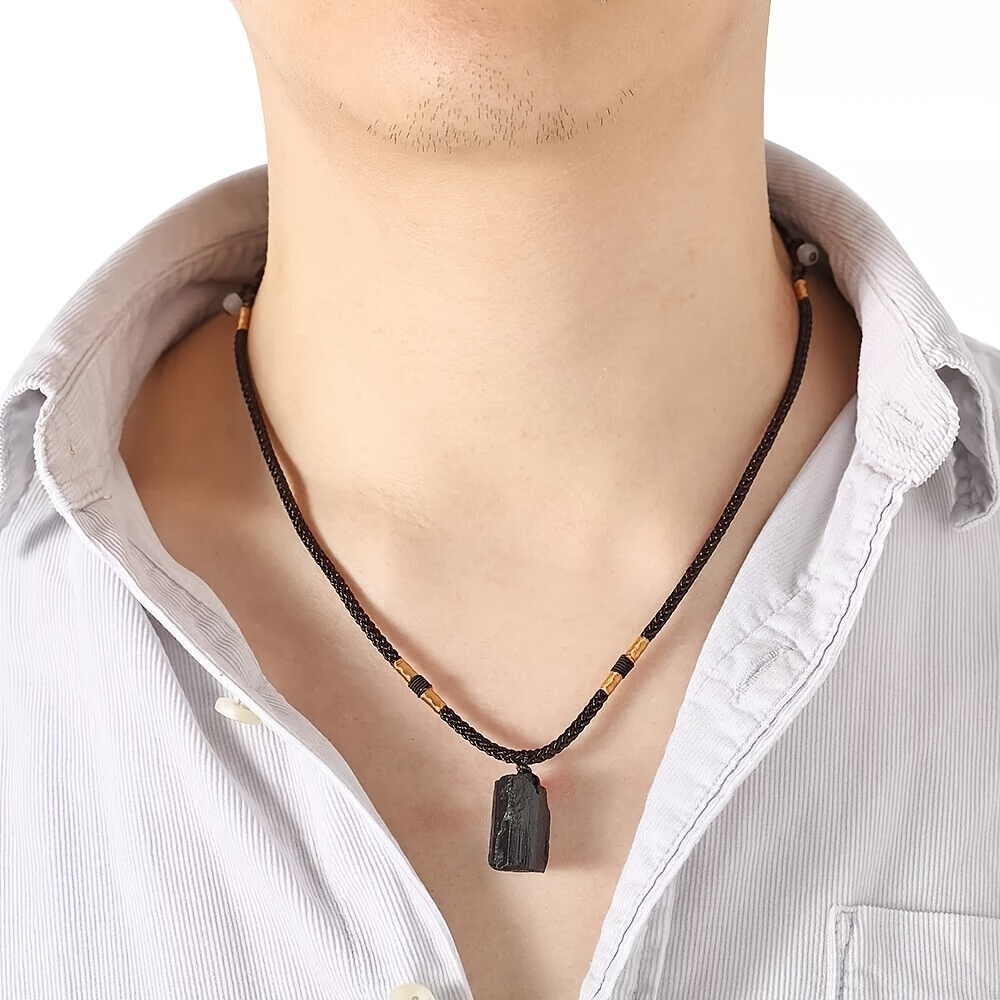Black Tourmaline Pendant Necklace | EMF Protection - Luck Strings Black Leather