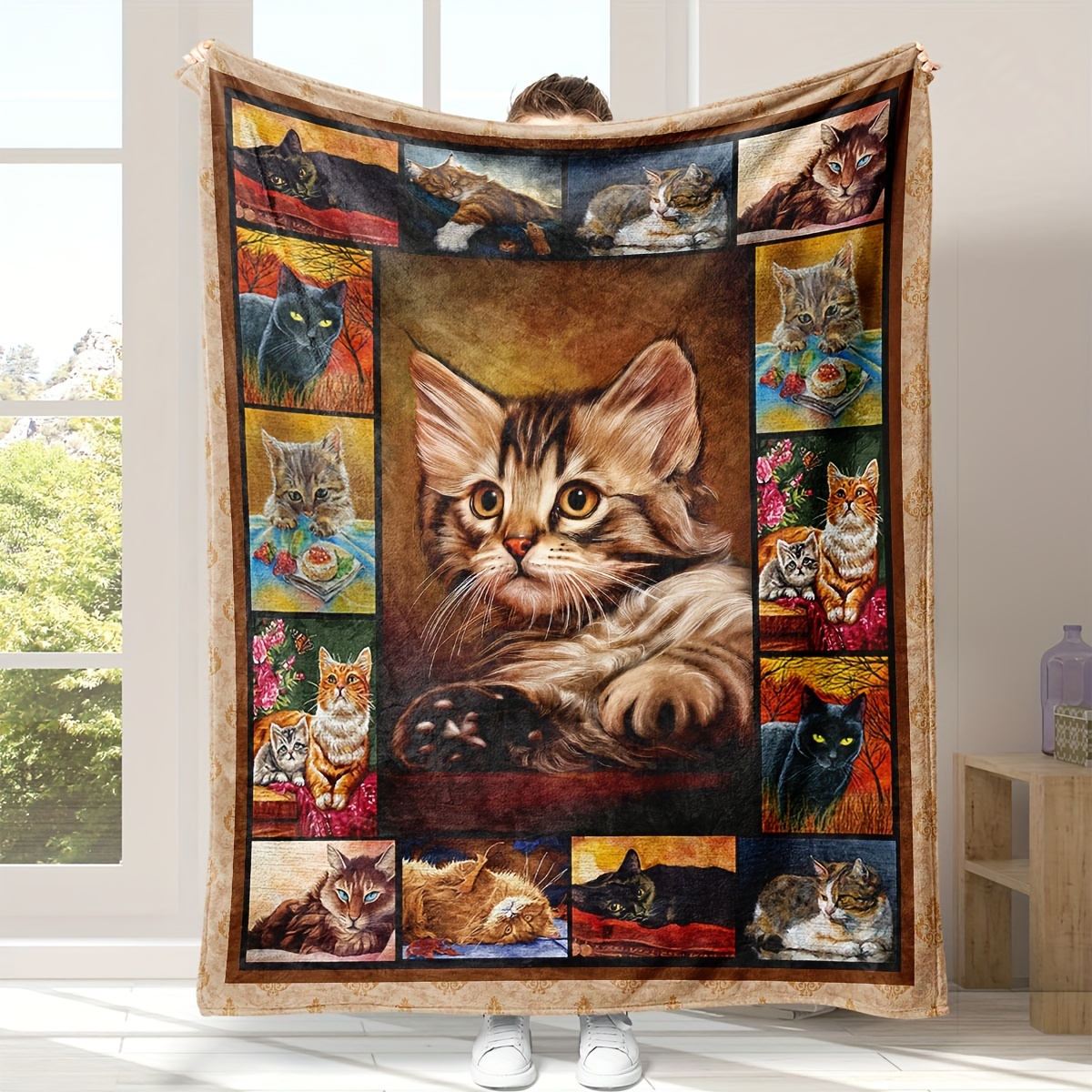 1pc Throw Blanket For Cat Lover, White Quilt For Sleeping Cute Kitten Print  Blanket Flannel Fleece Throw Blanket, Super Soft Cozy Blanket For Birthday