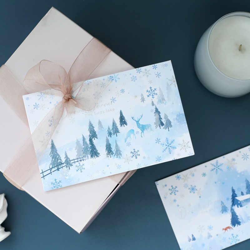 Winter gift wrap package snowflake print, bow, and personal note card