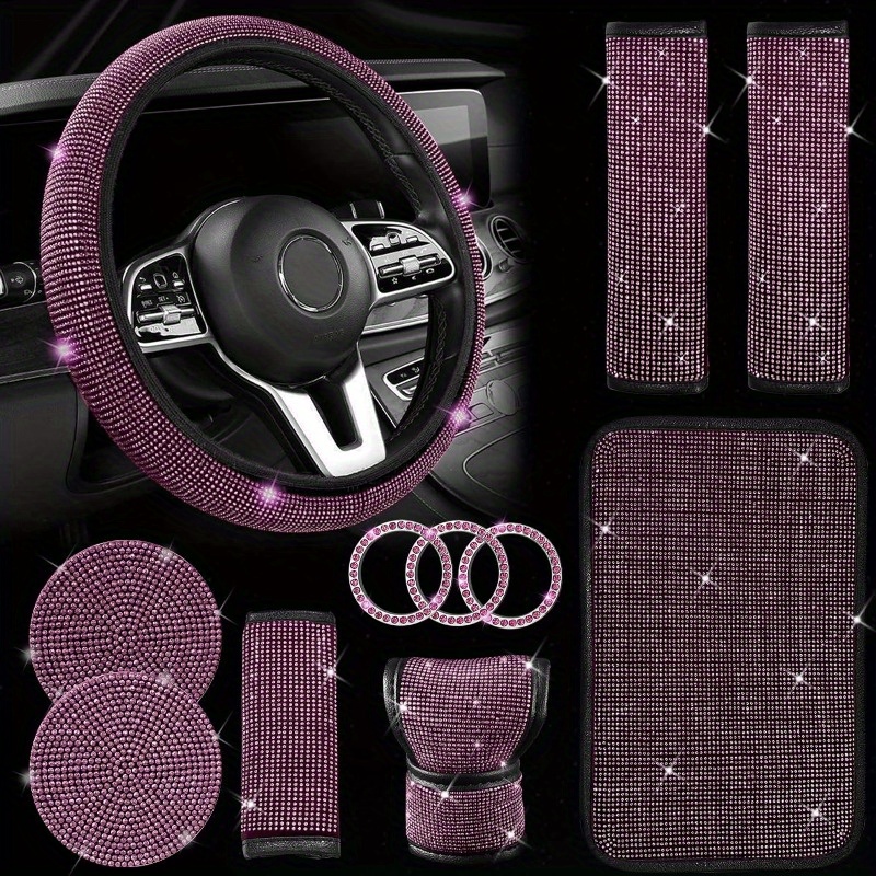 10pcs Leather Steering Wheel Cover Women Cute Car Accessories Set Seat Belt  Covers Car Coasters Bling Start Button Ring Air Vent Clip - Automotive -  Temu