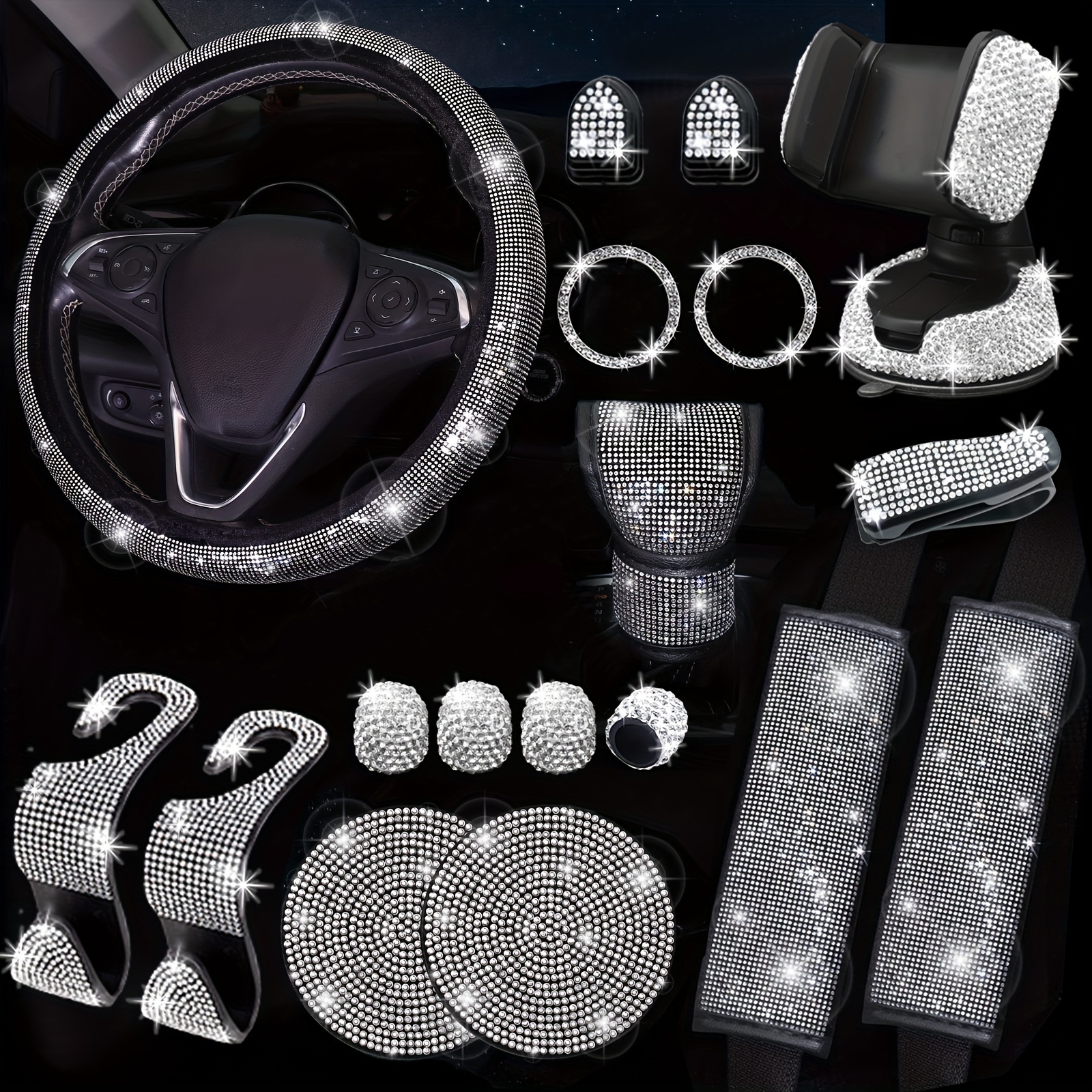 10 Pc Pink Leather Steering Wheel Cover Set - With Seat Belt Pads, Cup  Holders, Bling Buttons