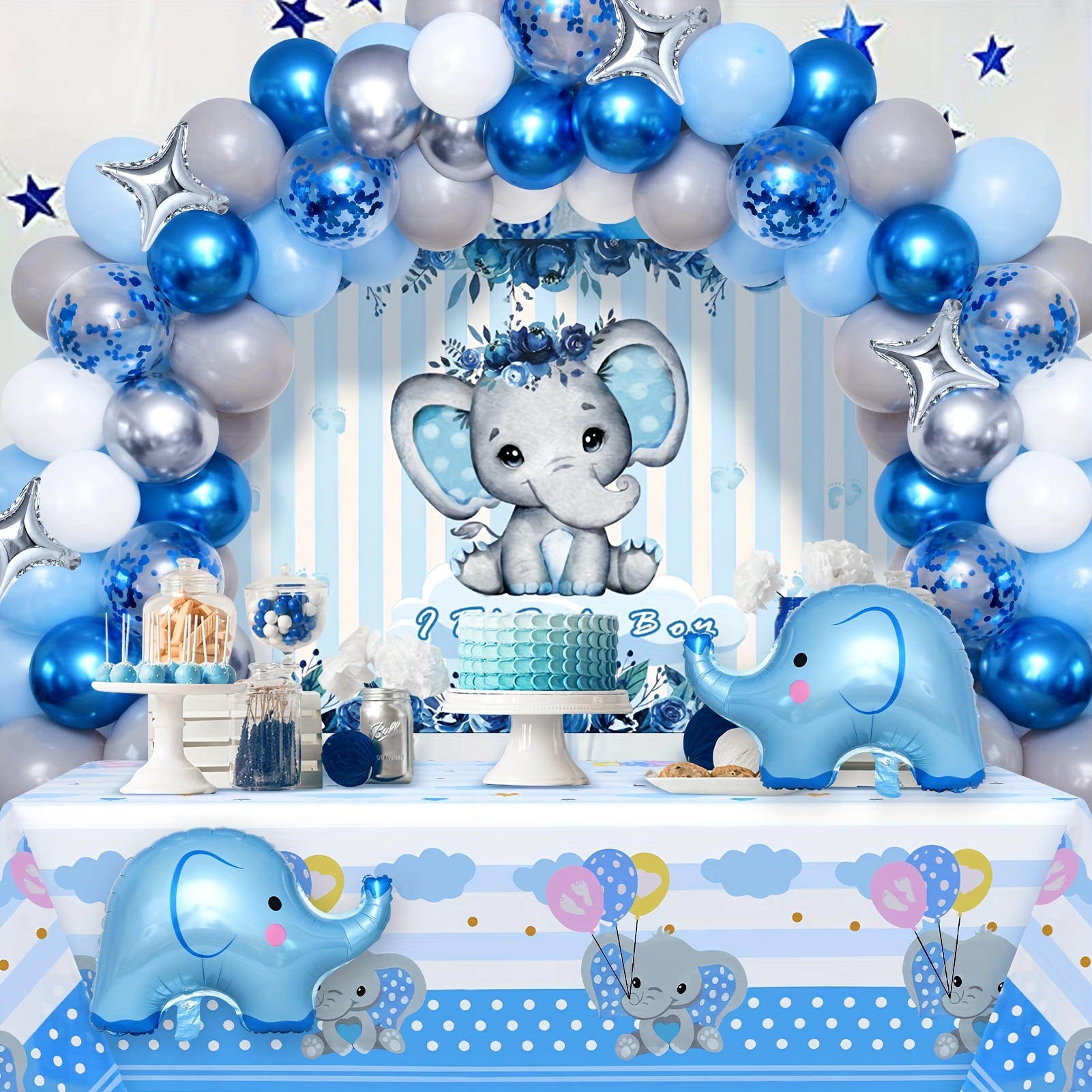 Decoraciones de baby shower para niño, kit de arco de globos azul marino de  diferentes tamaños, 4 cajas con letras para baby shower, decoraciones de