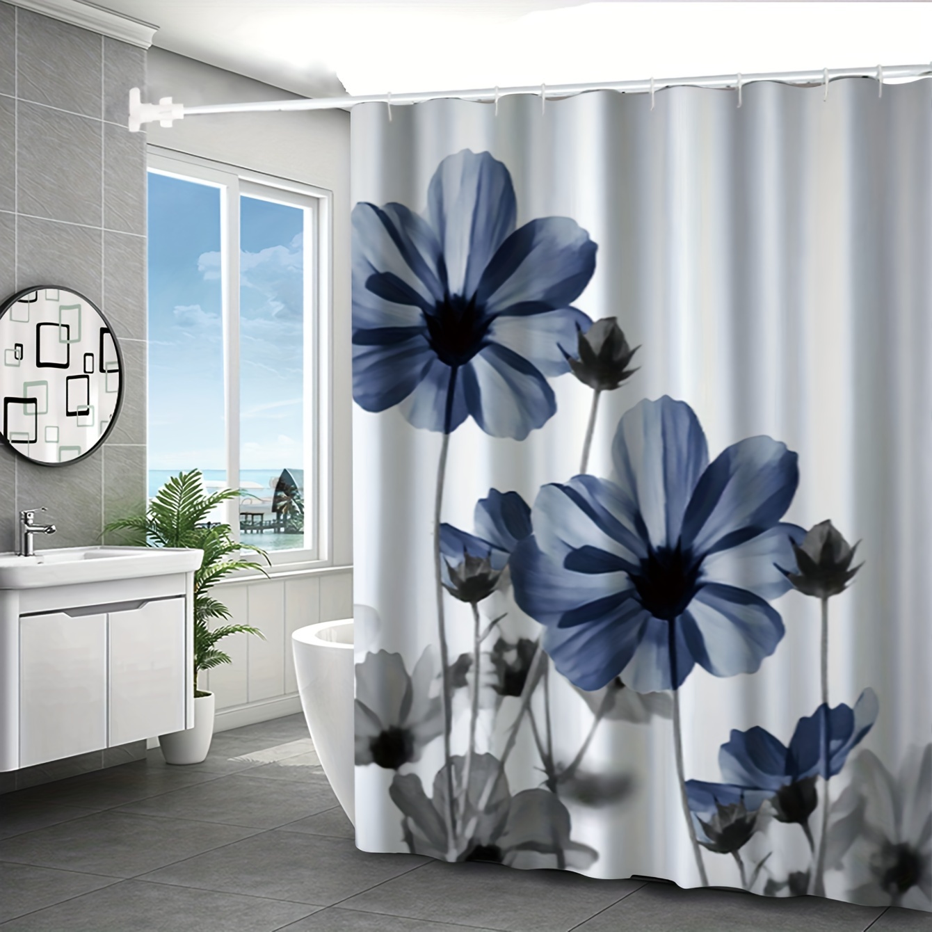 Watercolor Marble Texture Blue Flower Shower Curtain Bathroom Accessories  Set