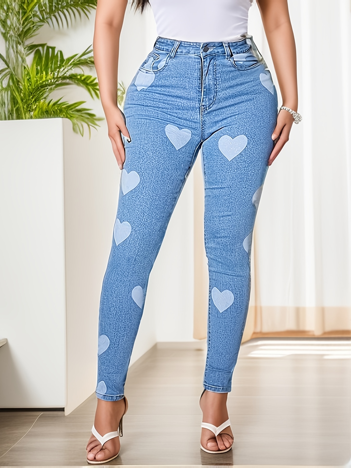 Blue Faux Pearl Studded Straight Jeans Loose Fit Slant - Temu