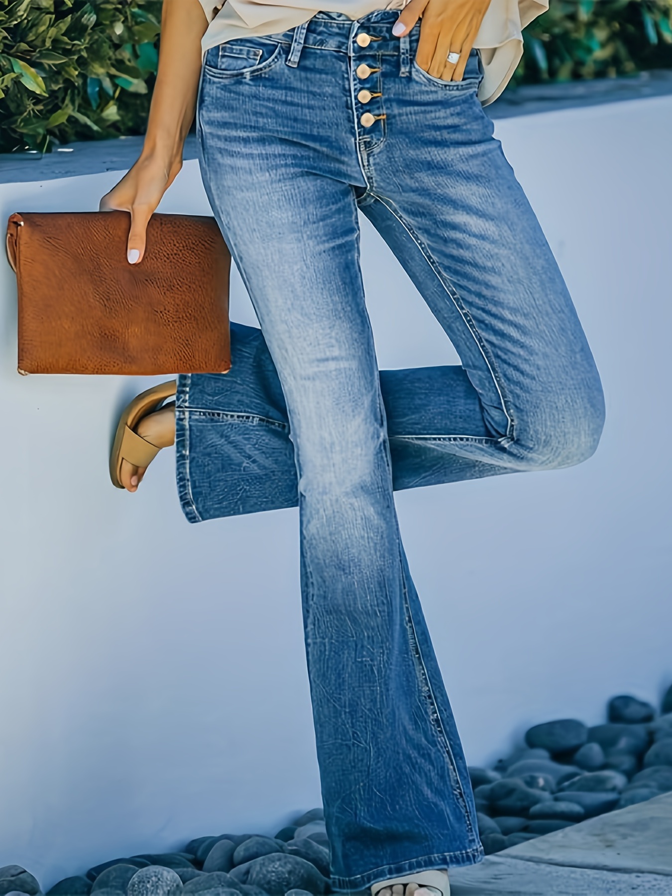 Calças Jeans De Cintura Alta Com Botão Único, Corte Bootcut, Com Pregas E  Alto Estiramento, Roupas E Jeans Femininos
