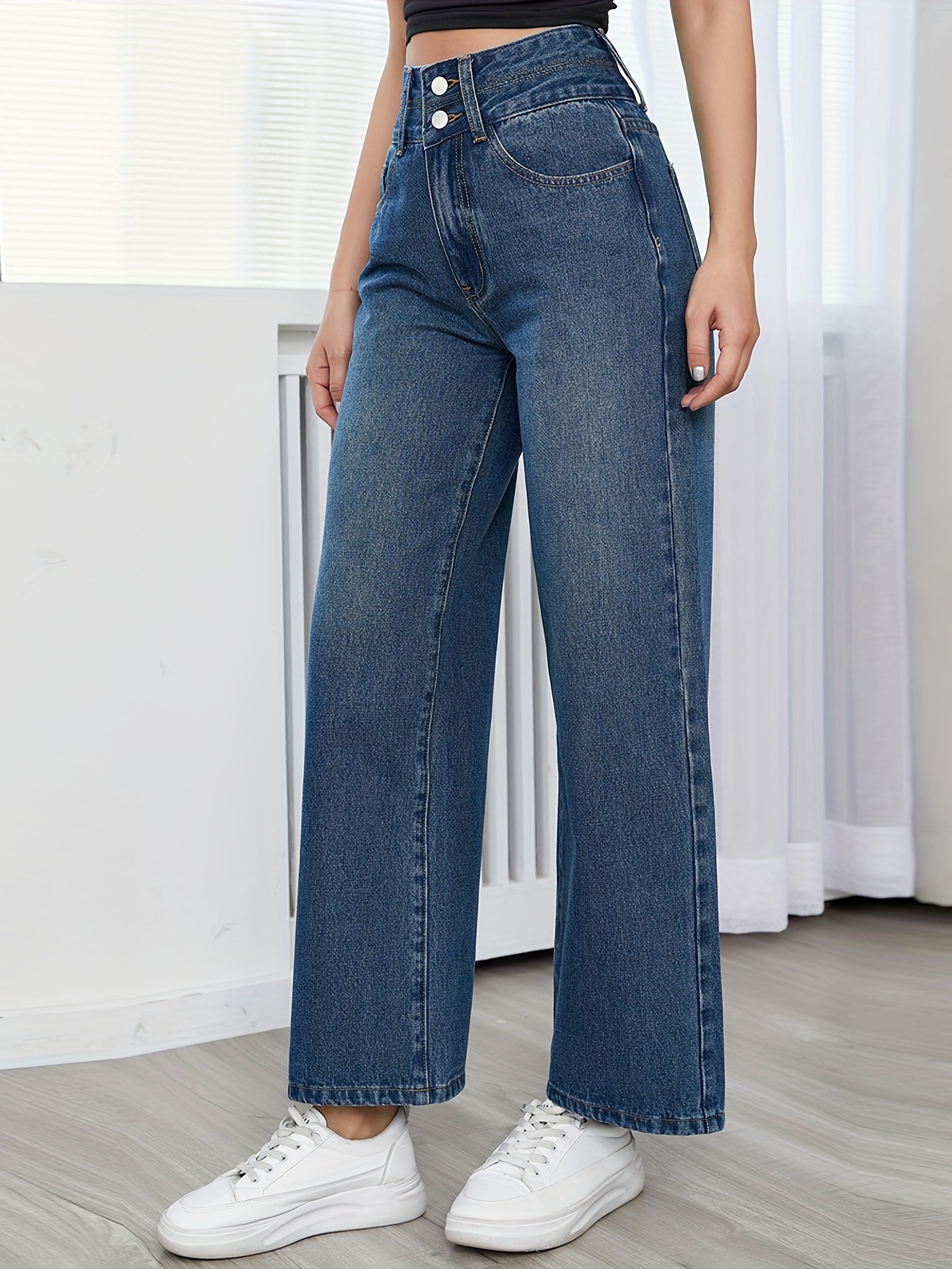 Jeans Sueltos Pierta Recta Tiro Alto Apliqué En Forma - Temu