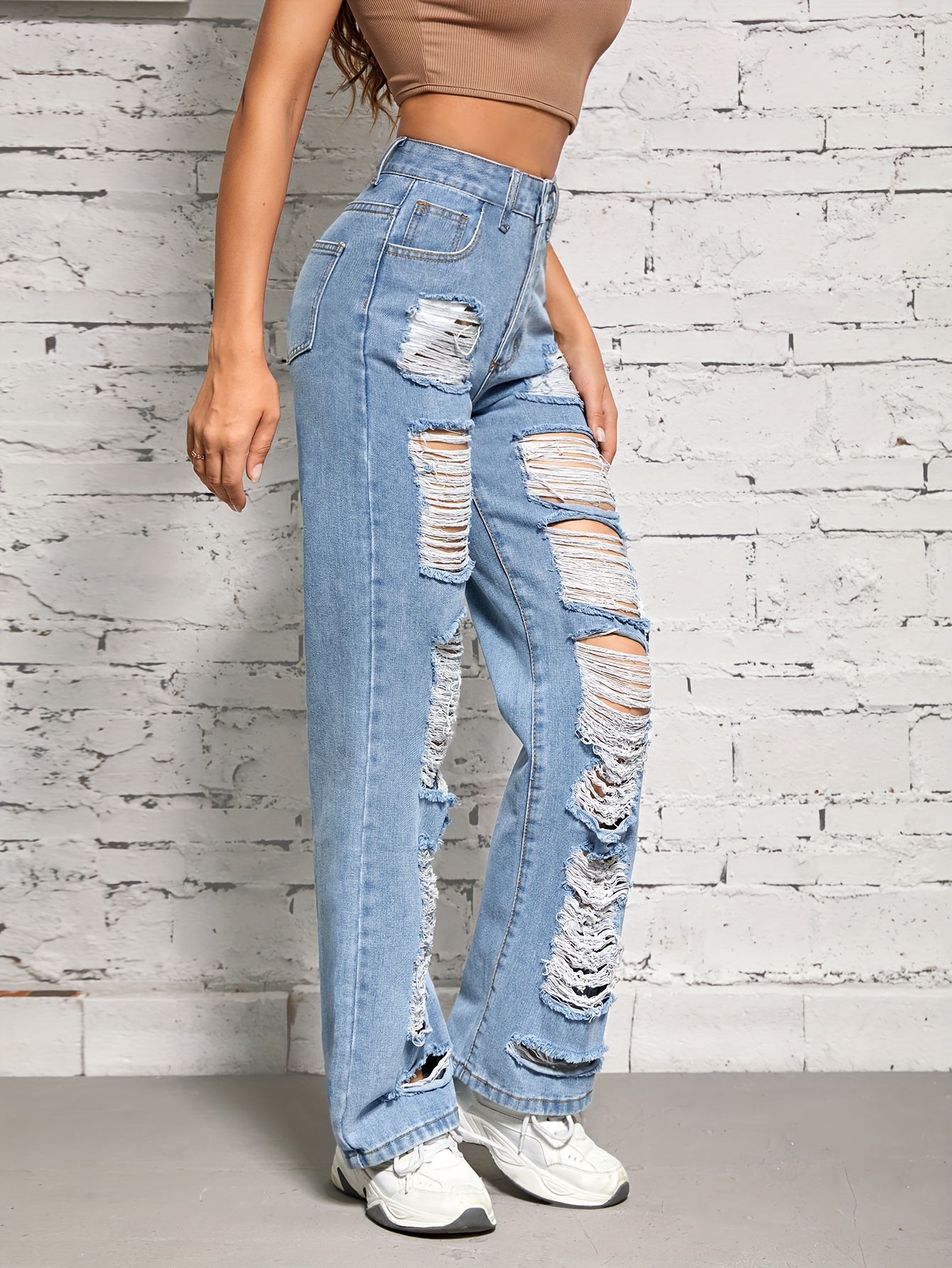Blue Extra Long Denim Jeans, Ripped Holes Distressed Slash Pockets  High-Stretch Denim Pants, Women's Denim Jeans & Clothing