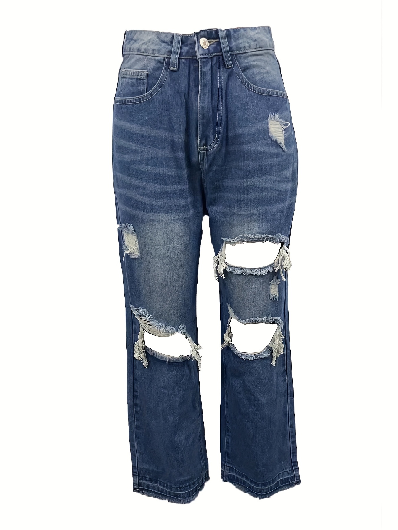 Blue Ripped Holes Straight Jeans, Distressed Loose Fit Slash Pockets 