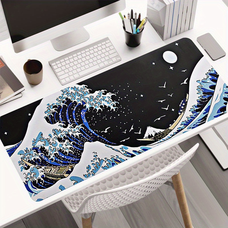 Japanese Wave Mouse Pad Black White Sea Aesthetic Moon Extended Desk Mat  Non-Slip Rubber Base with Stitched Edge Large Playmat for Gaming Laptop  Computer,35.4×15.7 in 