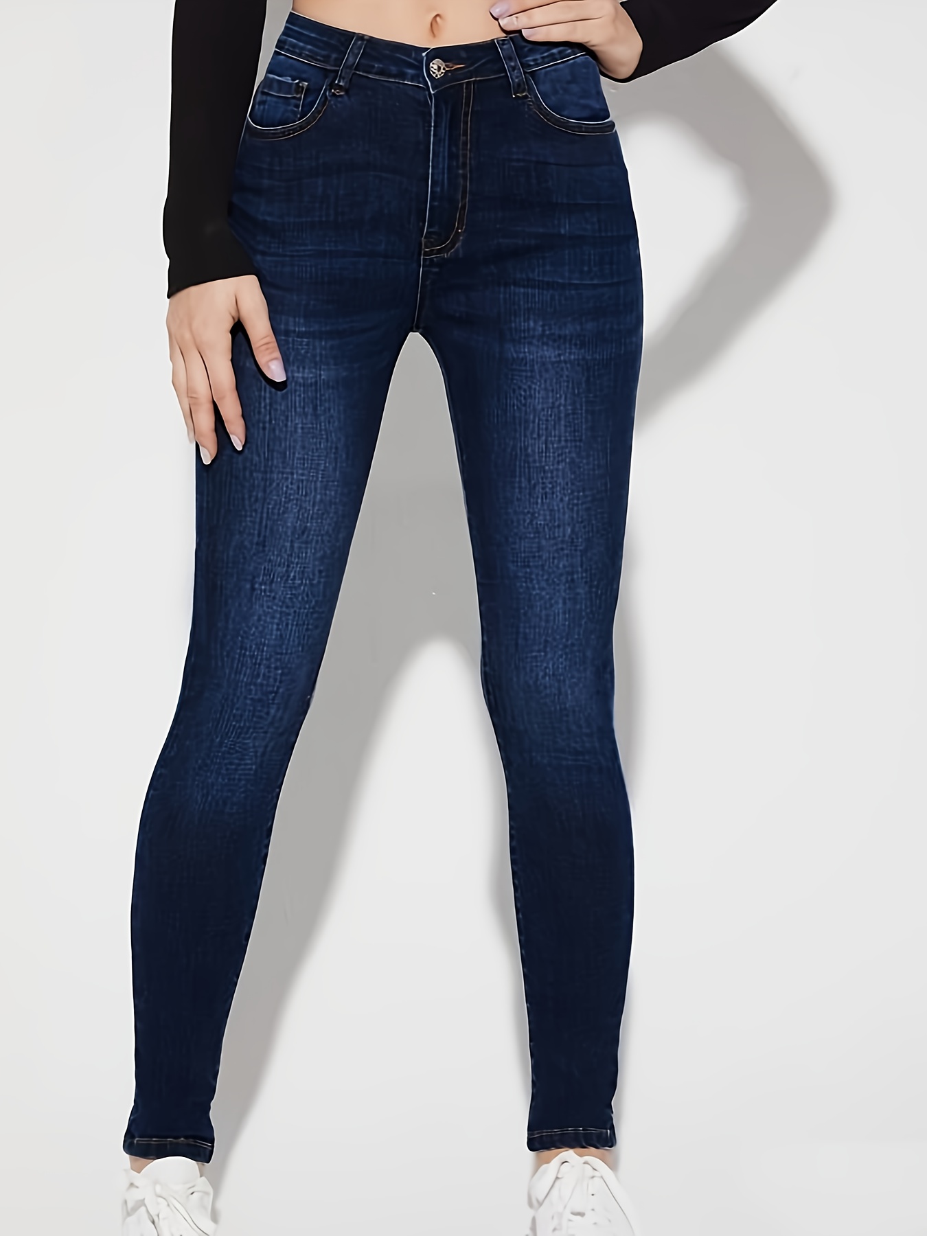 Dark Blue Versatile Skinny Jeans, Slim Fit High-Stretch Slant Pockets Tight  Jeans, Women's Denim Jeans & Clothing