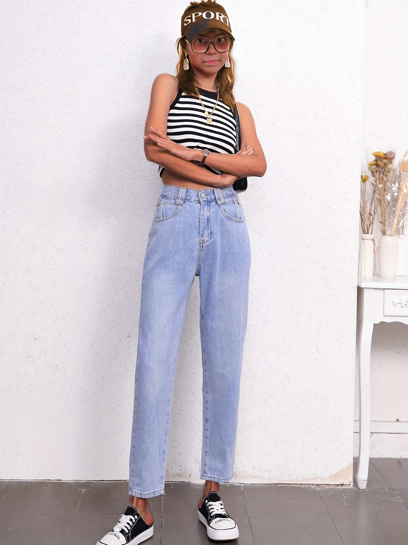 High * Light Wash Blue Mom Jeans, Zipper Button Closure Slash Pocket Solid  Color Casual Denim Pants, Women's Denim Jeans & Clothing