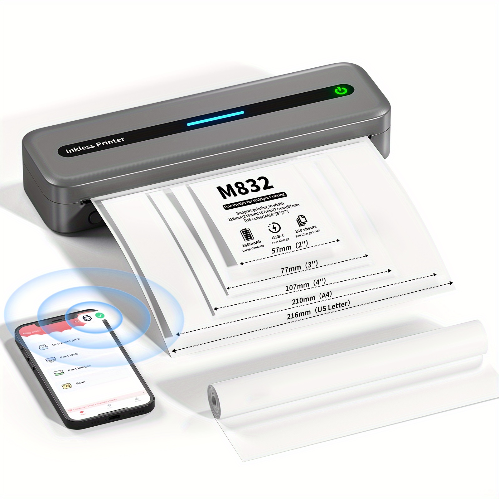 Impresora térmica portátil inalámbrica de viaje, impresora Bluetooth M08F  para iPhone, Impresora Portatil, pequeña impresora compacta para laptop
