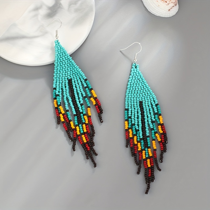 Handmade Long Beaded Tassel Earrings Large Native Bohemian Retro Colorful Beaded Fringe Drop Earrings Big Tribal Boho Seed Bead Chandelier Dangle