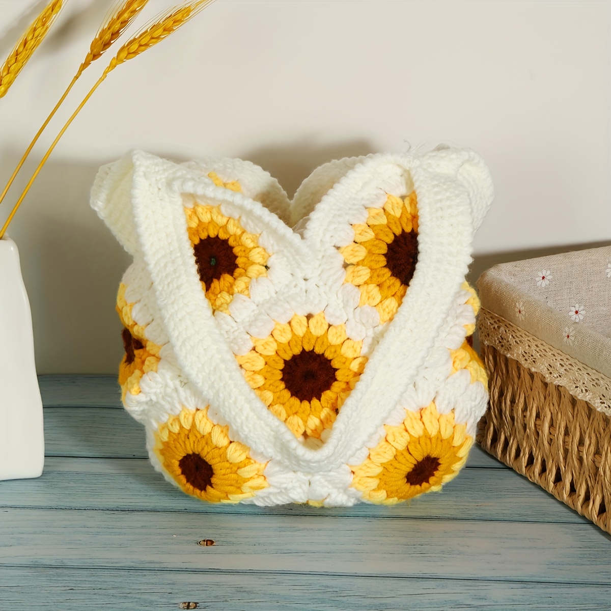 良質 手編みトートバッグ ウワギ うめの 花 毛糸バッグ 手編みバッグ 