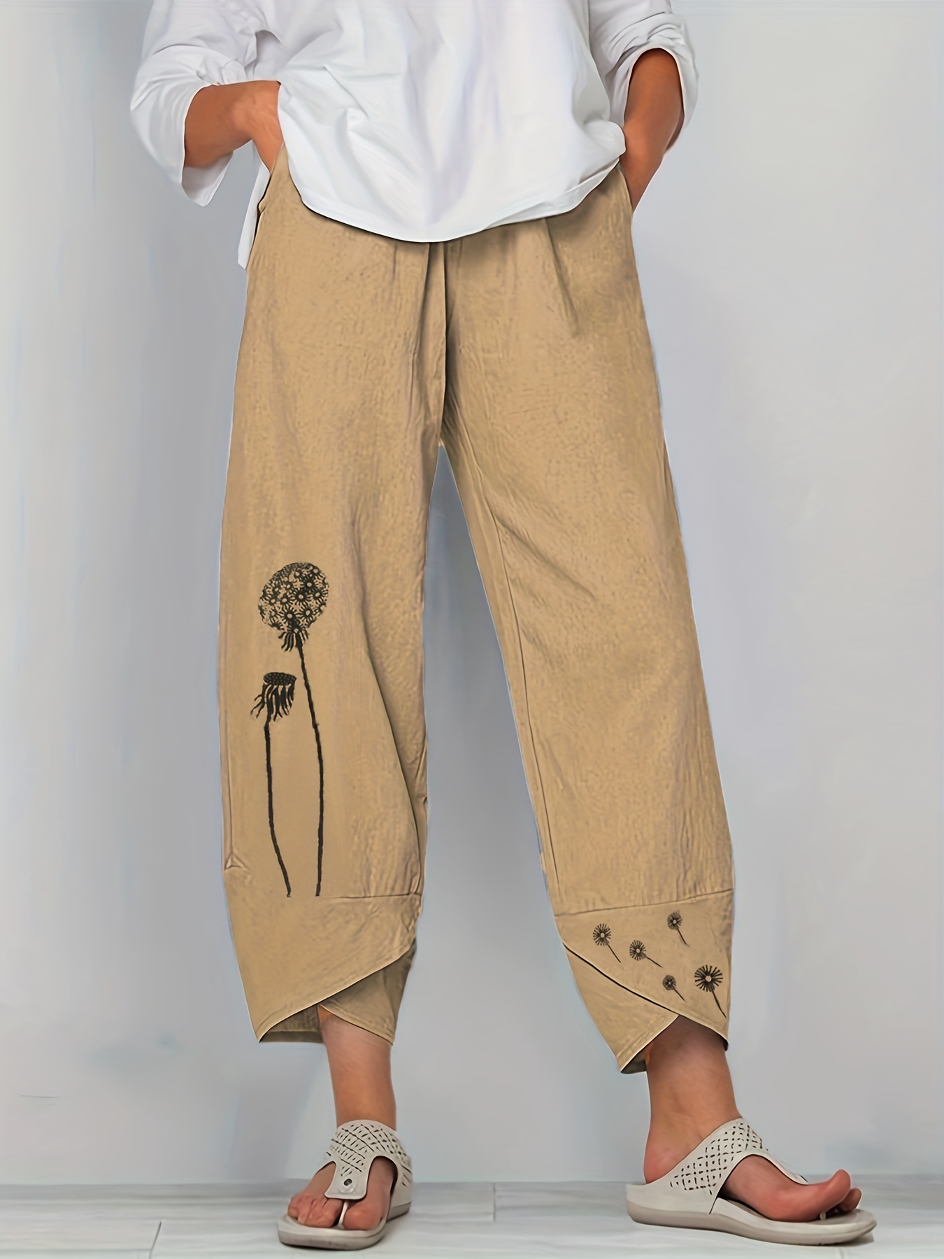 Boho Solid Elastic Waist Harem Pants, Casual Long Length Pants With Pockets  For Spring & Summer, Women's Clothing
