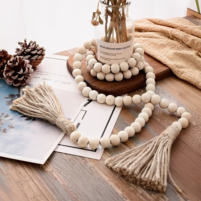  Large Wood Bead Garland with 1.6 Diameter Wooden Beads  Tassels, Decorative Beads Boho Decor, Long Rustic Farmhouse Wood Beads  Garland for Home Tiered Tray Decor Wall Hanging(58 Inches, Pure White) 