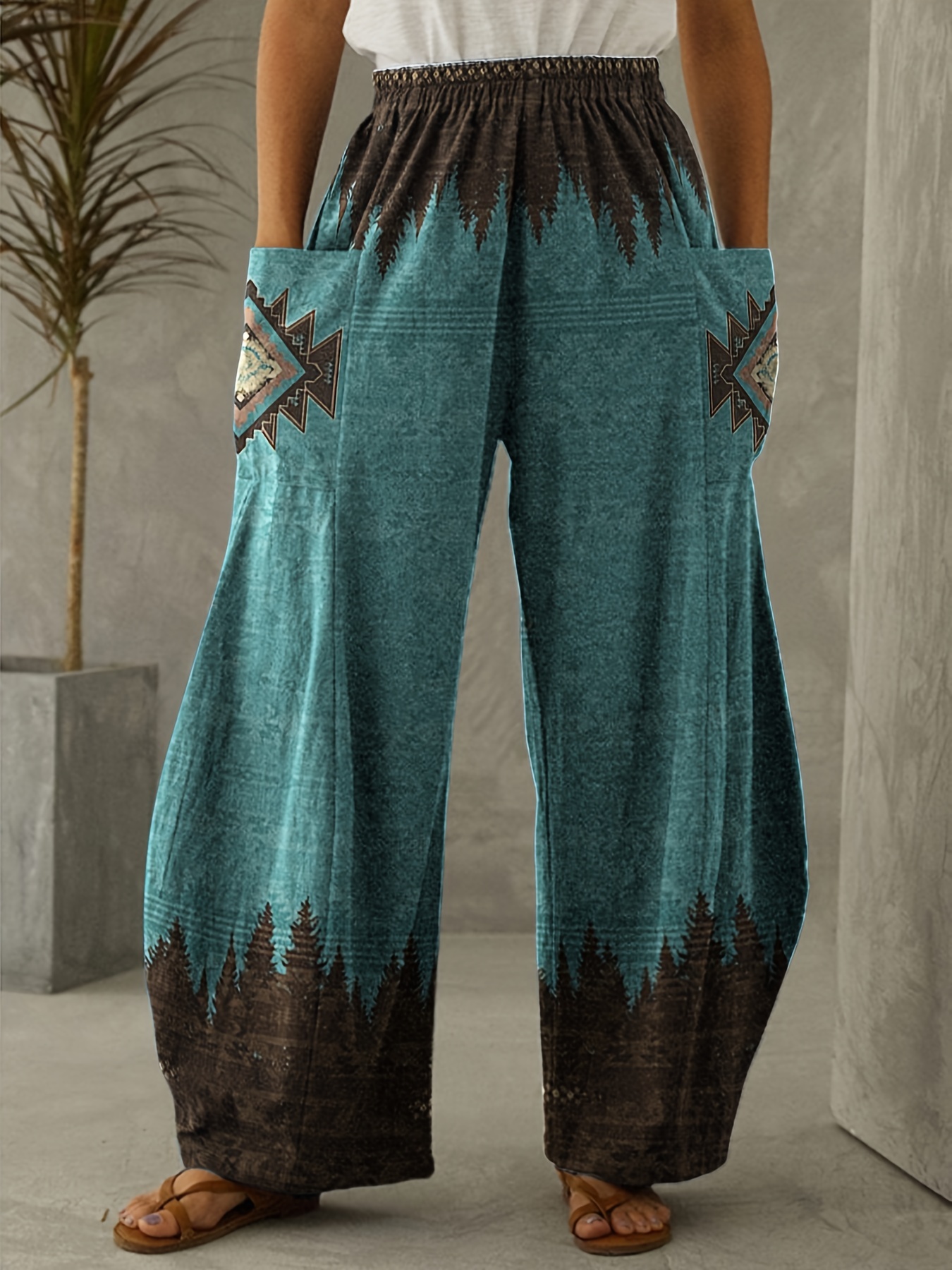 Plus Size Boho Pants, Women's Plus Solid Drawstring Split Hem High Stretch  Straight Leg Pants