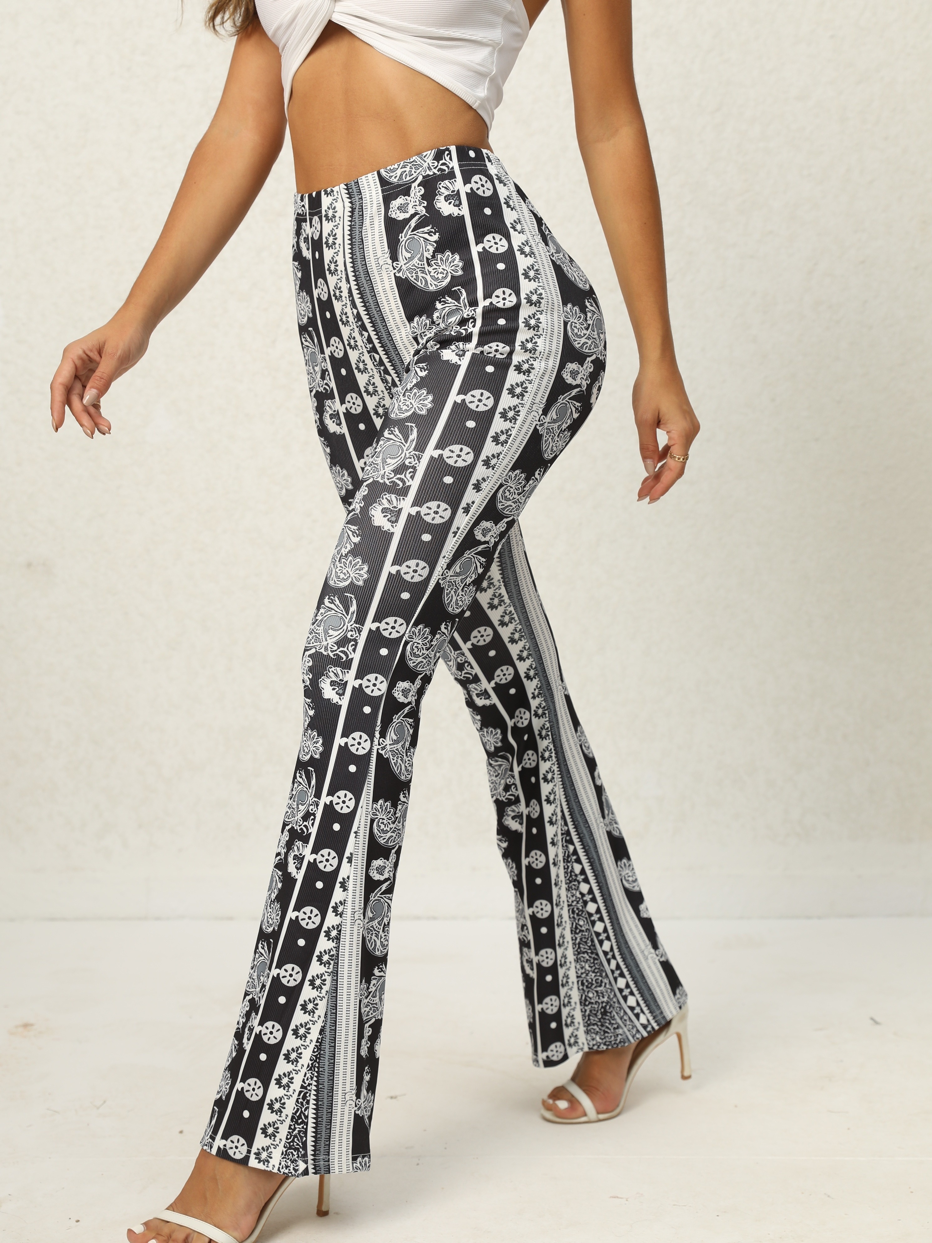 Ethnic Style Flare Leggings High Waist Bohemian Casual Flare - Temu Japan