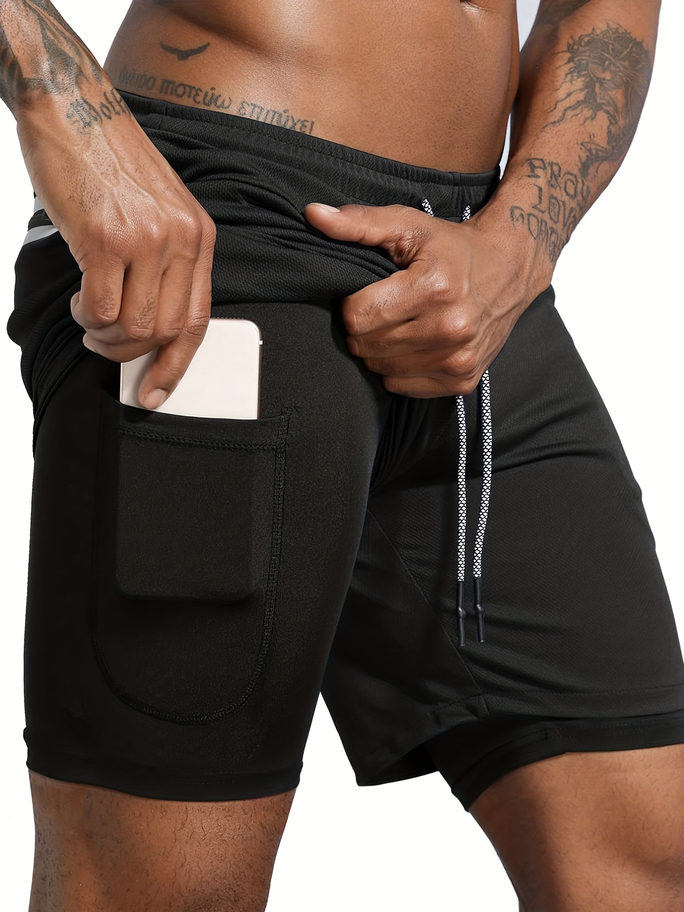 Men's 2 In 1 Running Shorts Quick Dry Gym Athletic Workout Shorts With  Phone Pockets