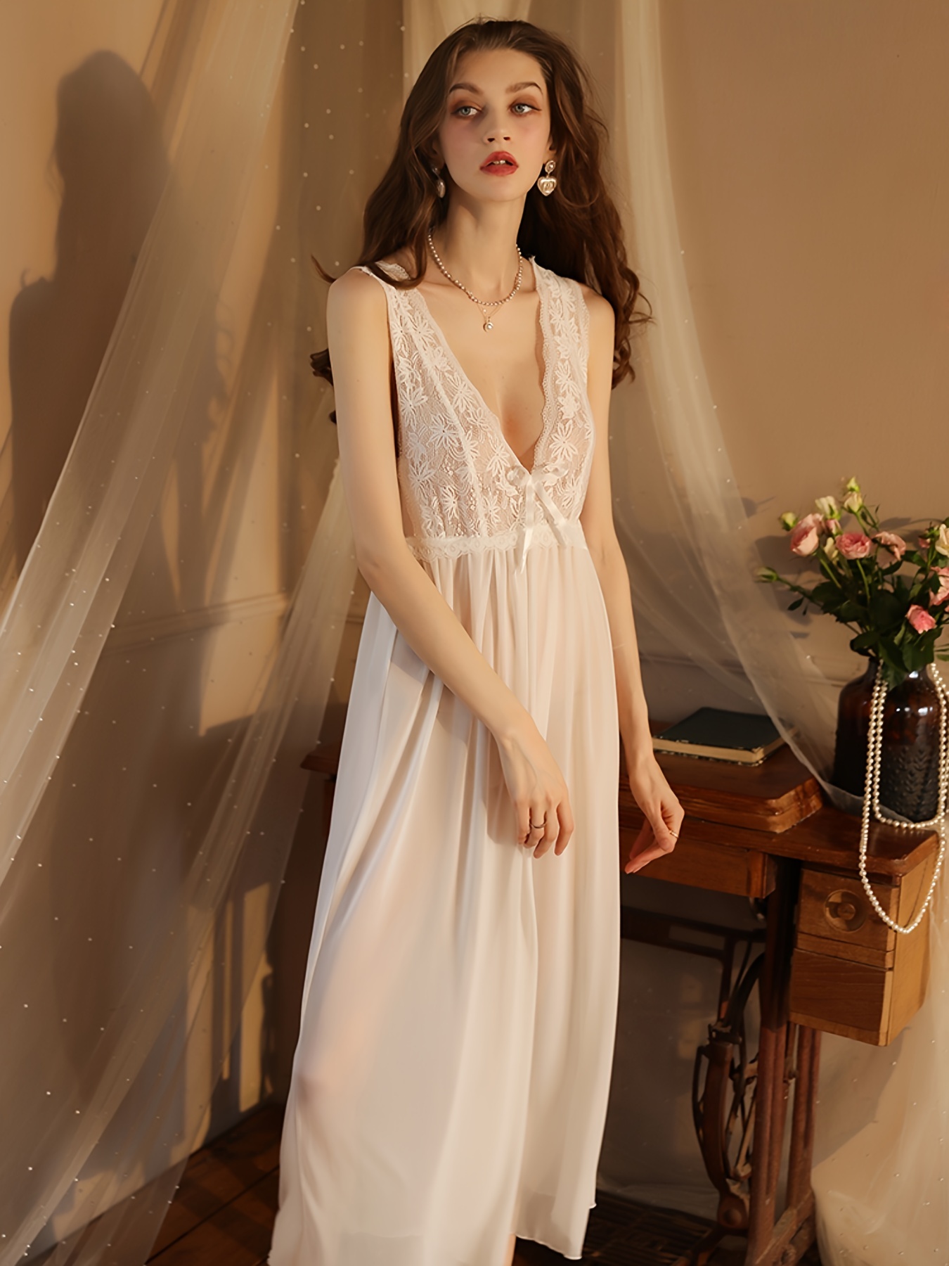 Summer Women Sexy Sleepwear Lace Chemise V Neck Nightgown Full Slip Babydoll  Floral Print Night Dress