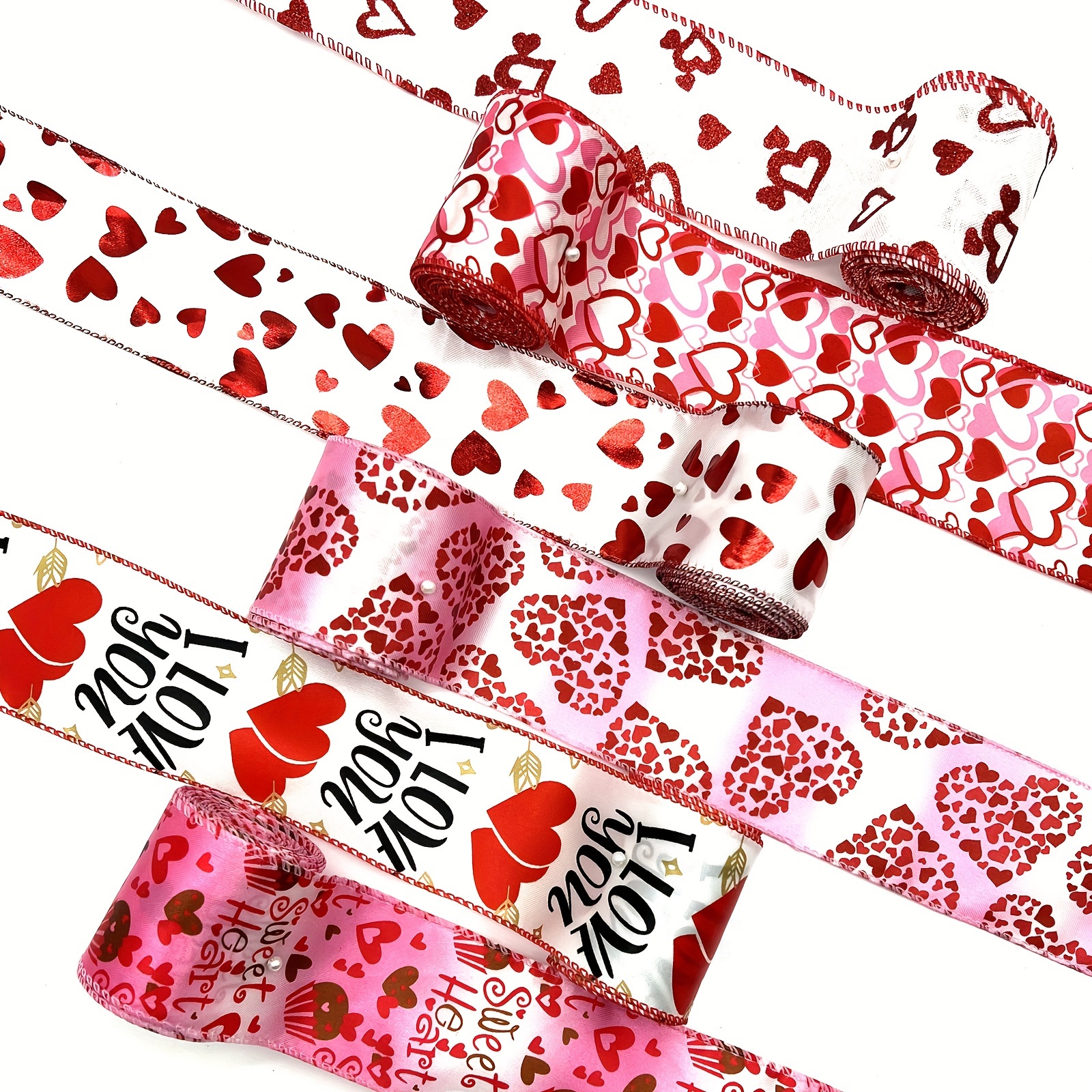 6 Rolls Valentine Ribbon Love Heart Printed Grosgrain Ribbons Red and White  Gift Wrap Ribbons Valentine's Day Wired Ribbon for DIY Crafts Wrapping