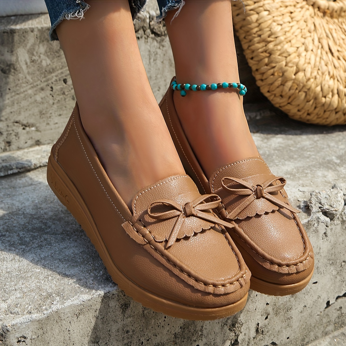 Casual solid color bow flat sale loafers