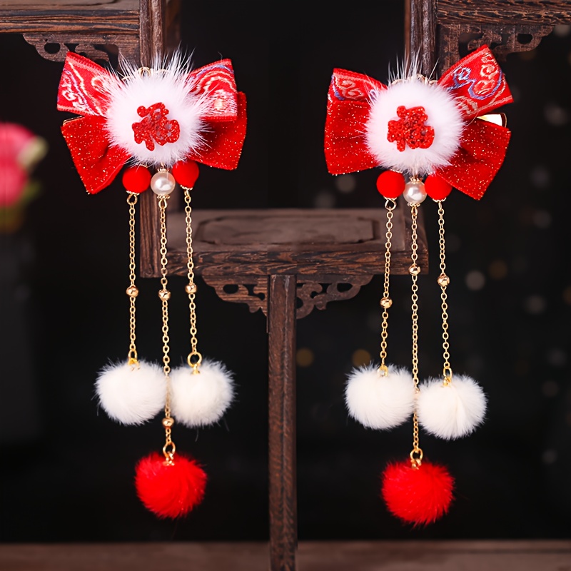 1pc Chinese Style Hair Sticks Vintage Wooden Red Flower Tassel Hairpins Elegant Romantic Plate Hair Accessories, Christmas Gifts,Temu