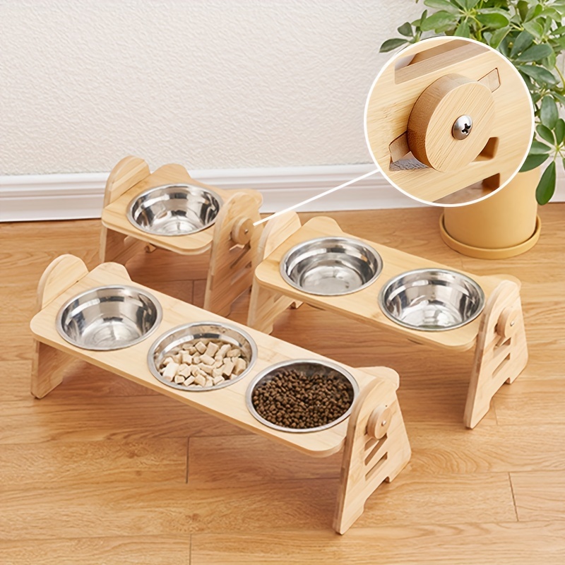 Bamboo Elevated Puppy Cat Bowls with Stand Adjustable RaisedCat Food Water Bowls  Holder Rabbit Feeder for Small Medium Pet