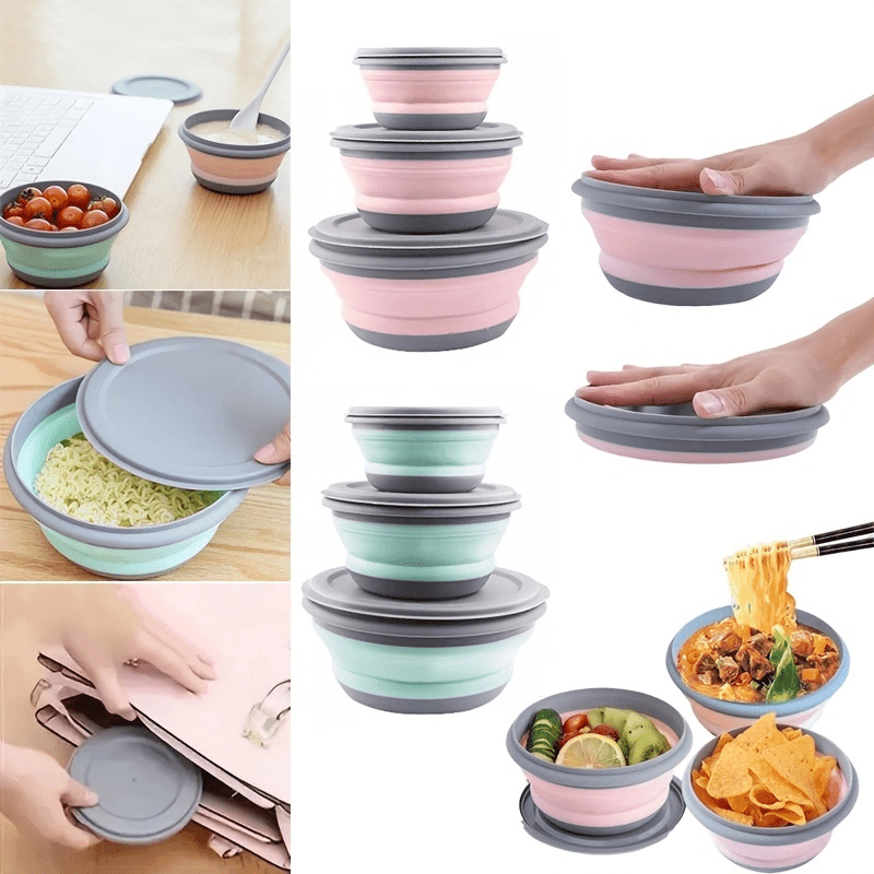 Food Grade Silicone Collapsible Bowl Lunch Box - Portable Silicone Salad  Bowl with Lid for Travel Camping Hiking Kitchen Compatible with Freezer and  Microwave 1200ml 