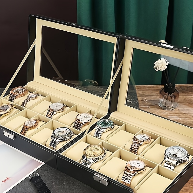 Caja de relojes con cajón para hombre, organizador de relojes de exhibición  de lujo con 12 ranuras, diseño de fibra de carbono para relojes de joyería  de hombre, las cajas de almacenamiento para hombres cuenta con una gran  tapa de  