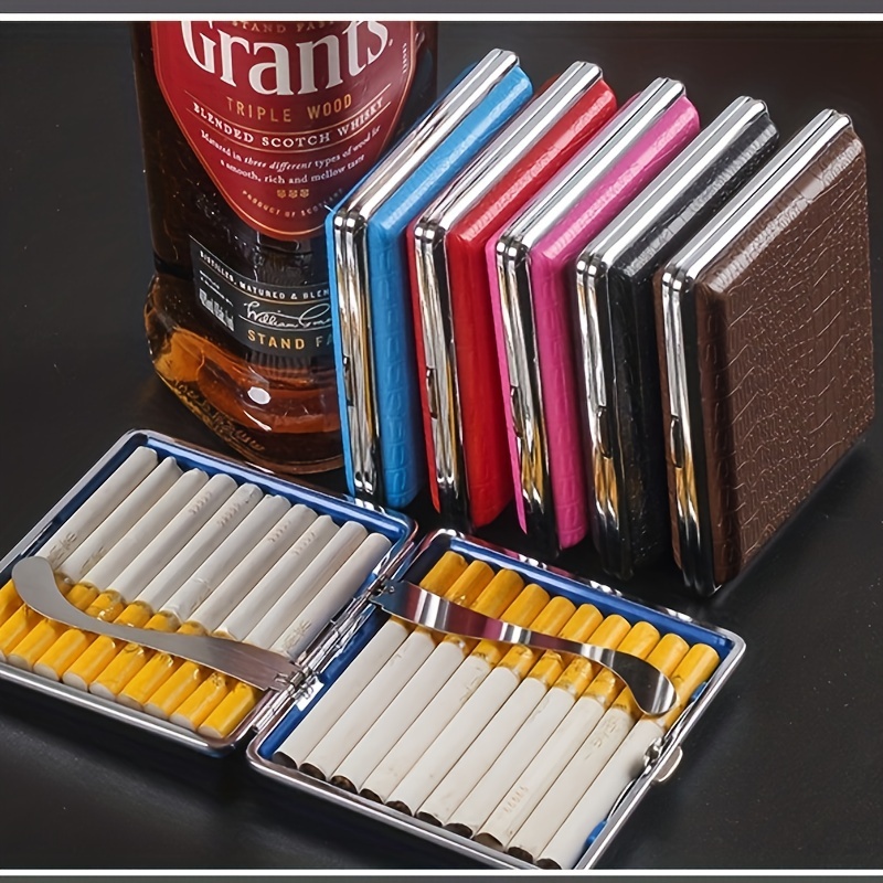 1pc Brown 20-cigarette Capacity Portable Cigarette Box, Metal Waterproof  Cigarette Case With Pu Coating